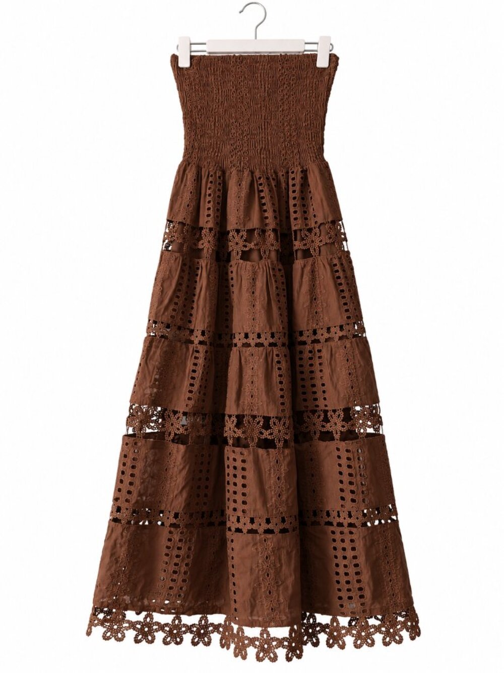 Strut & Bolt Brown Cotton Eyelet Lace Strapless Smocked Maxi Dress Boho S